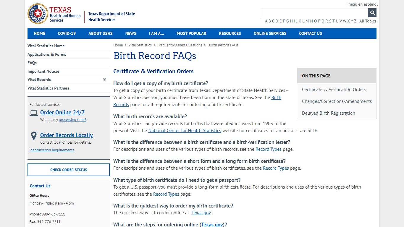 Birth Record FAQs - Texas